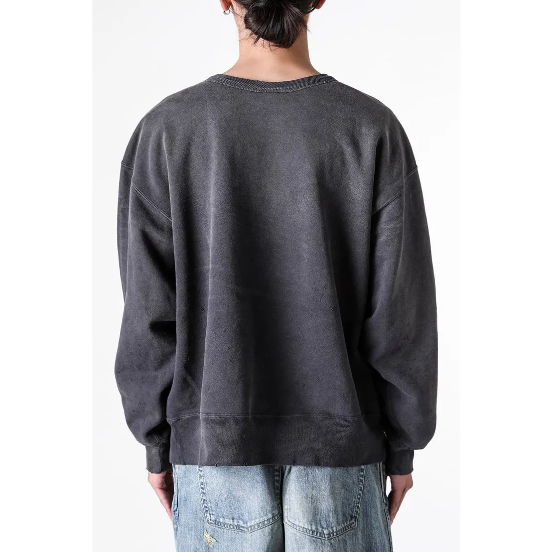 SAINT M×××××× BONE SAINT CREW SWT/BLK Bone SAINT destruction sweatshirt, washed black S-XL Assute dyeing, genuine whole garment sprayed with horse-hair fading process, collar/cuffs frayed in many places, front and rear panels/sleeves super complex fraying, heavy washing and water distressing, correct fruit mark/angel mark